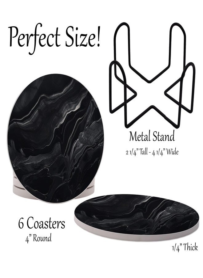 DAJDC Dark Black Marble Round Coasters Set of 6 - Abosrbent Ceramic Coasters with Metal Stand for Drinks, Coffee, Non-Slip Cork Back for Tabletop Protection, 4 Inches Marbled Pattern (Black) - Image 2